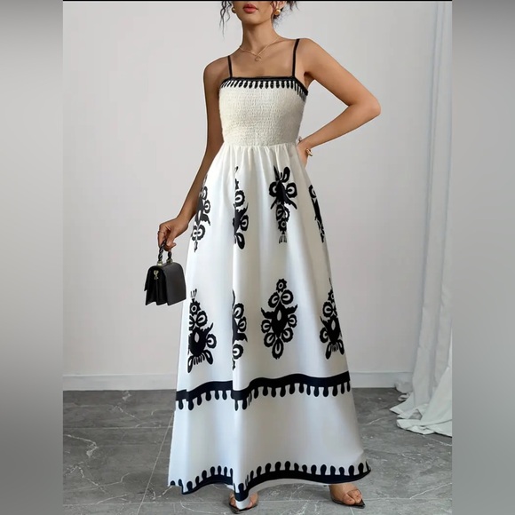 Passion of Essence Dresses & Skirts - Smocked Maxi Dress | Black & White Elegant Vacation Dress Spaghetti Strap A-Line
